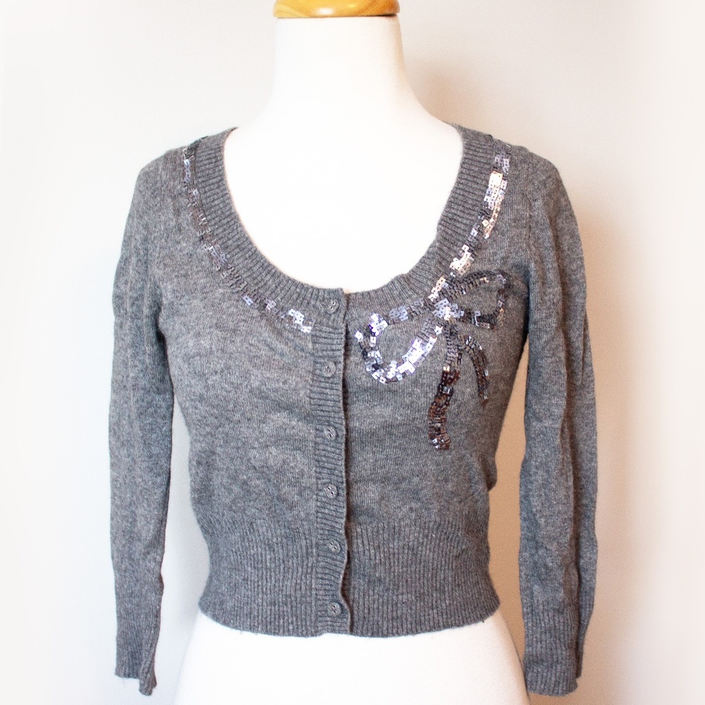 Forever 21 Retro Sequin Bow Crop Cardigan Sweater XS Gray